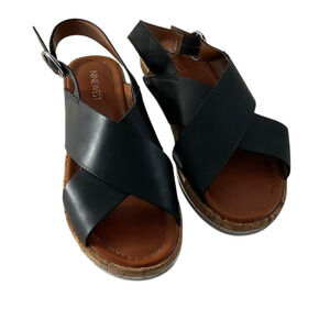 Nine West Shoes Womens Size 7.5 Black Cork‎ Sandal Comfort Slip On Flat Leather